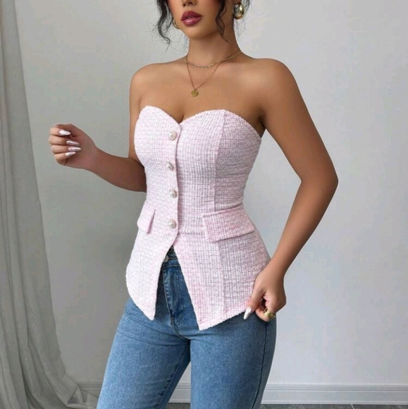 Women's Textured Pink Strapless Cropped Top With Pearl Button Details - Picture 1 of 4